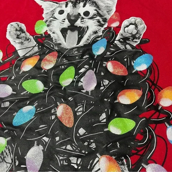 90’s Mad Engine's Red Crazy Cat w/‎ Christmas Lights Graphic Sweatshirt Medium - Picture 2 of 4